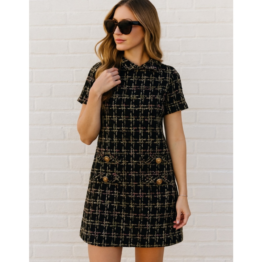 Tuckernuck Jackie Tweed Mini Dress Short Sleeve Holly Tinsel Black Gold XL NWT